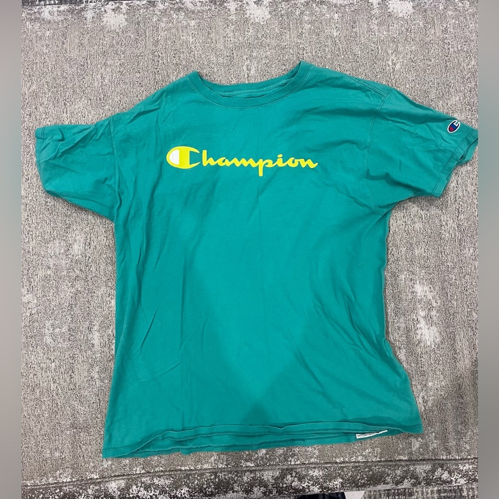 blue turqoise teal yellow champion athletic t shirt men’s large